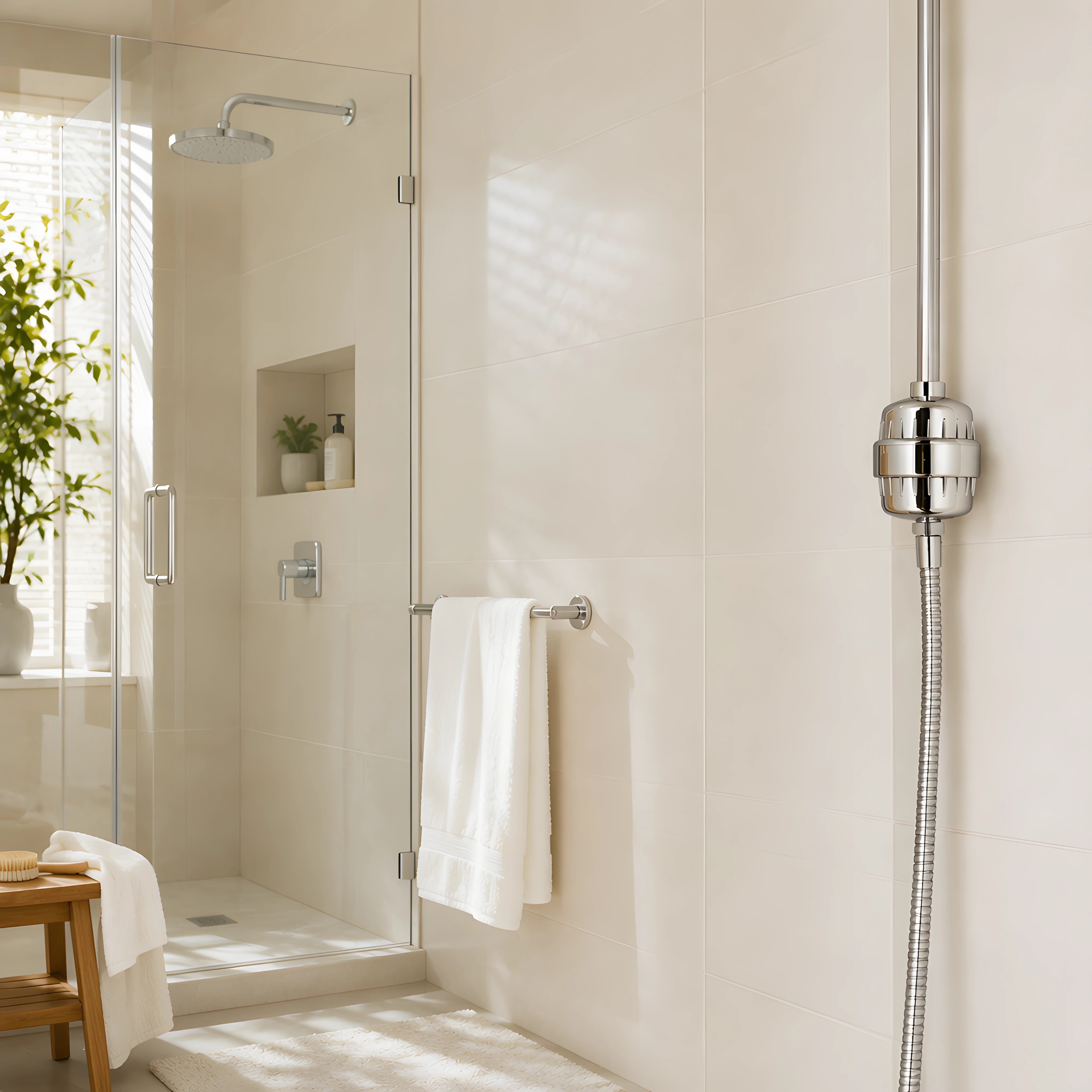 Warm-white bathroom with the ZymeFresh filter installed in the shower water line