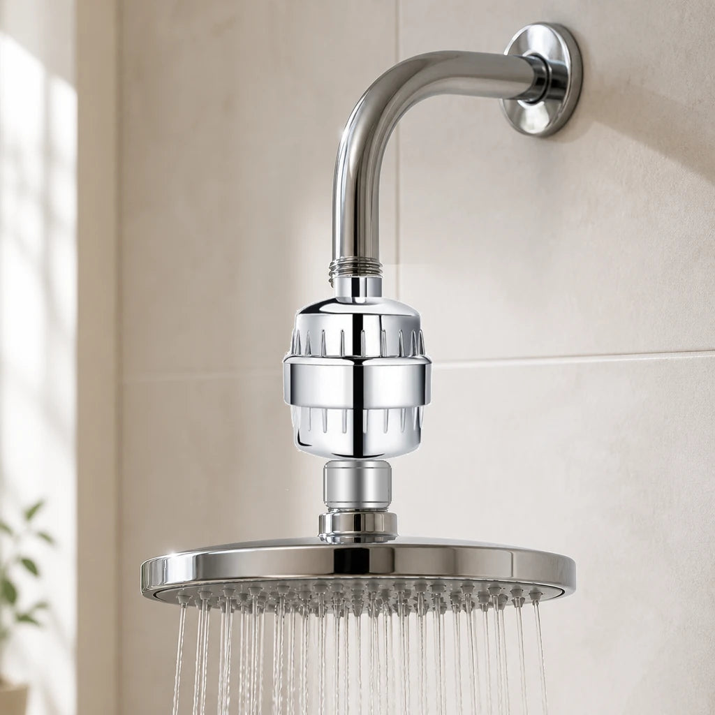 Chrome shower filter installed directly above a fixed showerhead