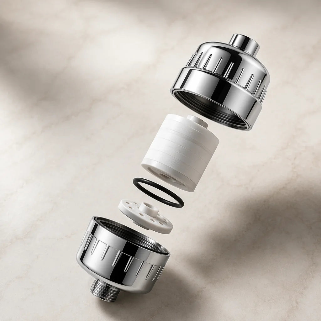 Exploded view of the ZymeFresh housing, cartridge, sealing ring and internal flow plate