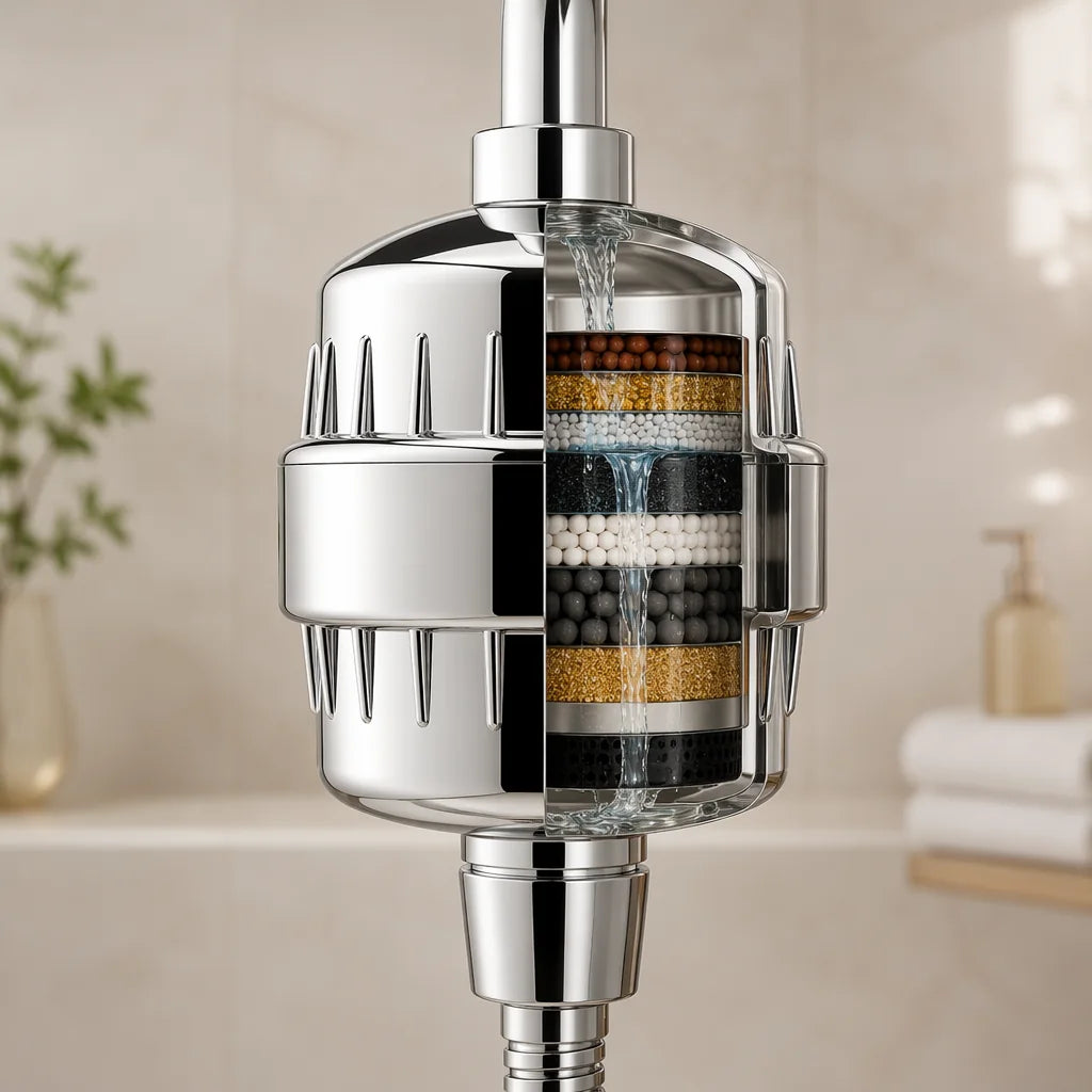 Half cutaway showing water entering the ZymeFresh cartridge and continuing to the hose